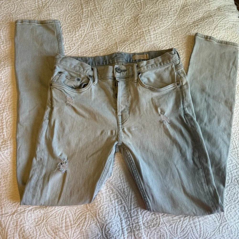 All Saints Distressed Light Wash Women's Cigarette Button Fly Skinny Jeans Sz30